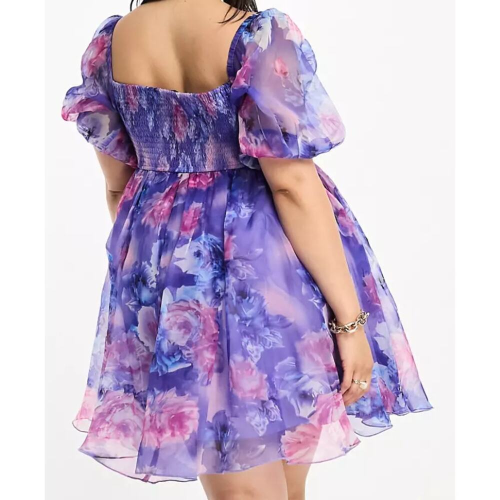 Lace & Beads Plus Puff Sleeve Organza Mini Dress in Cobalt Floral, Size 14​​​​ - Picture 2 of 2